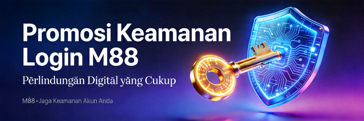 Banner promosi keamanan login M88 dengan ilustrasi kunci dan perisai digital