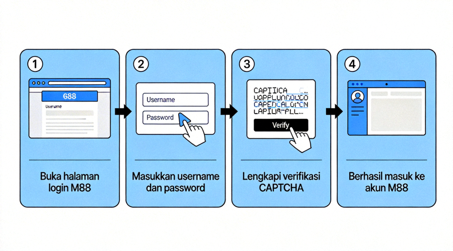 Ilustrasi visual langkah-langkah proses login M88 dari membuka halaman hingga berhasil masuk