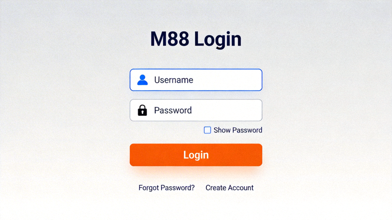 Tampilan antarmuka login M88 pada perangkat desktop dengan layout lengkap dan jelas
